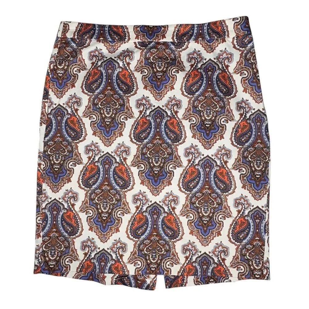 J. Crew Skirt Women’s 8 Purple Orange Brown Paisley 98% Cotton Pencil Knee J